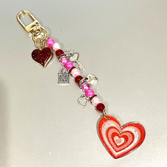 Valentines Hand Crafted, Beaded Heart Bag Charm, Keychain, Backpack Charm - Picture 7 of 9
